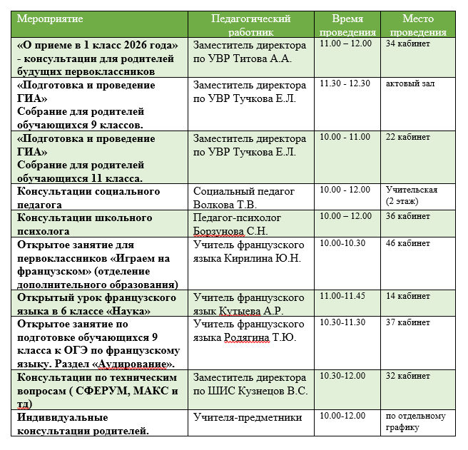 Приглашаем родителей обучающихся школы и будущих первоклассников на встречи с педагогами и администрацией школы 07 февраля с 10.00 до 13.00